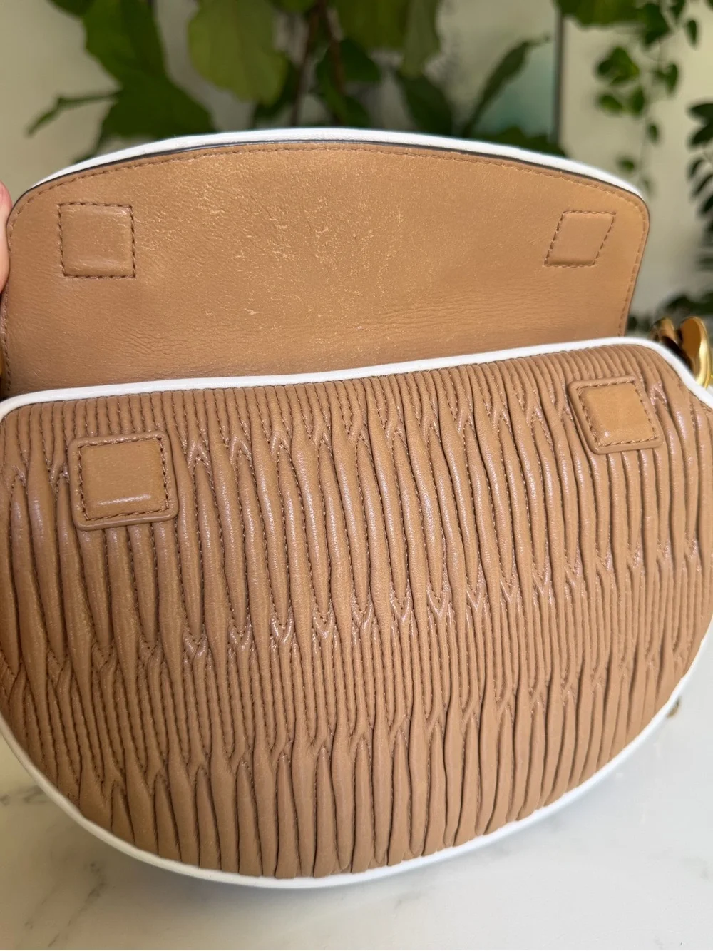 Tory Burch Fleming Soft Pleated Mini Crescent Bag Dusty Almond Leather w/ Chain